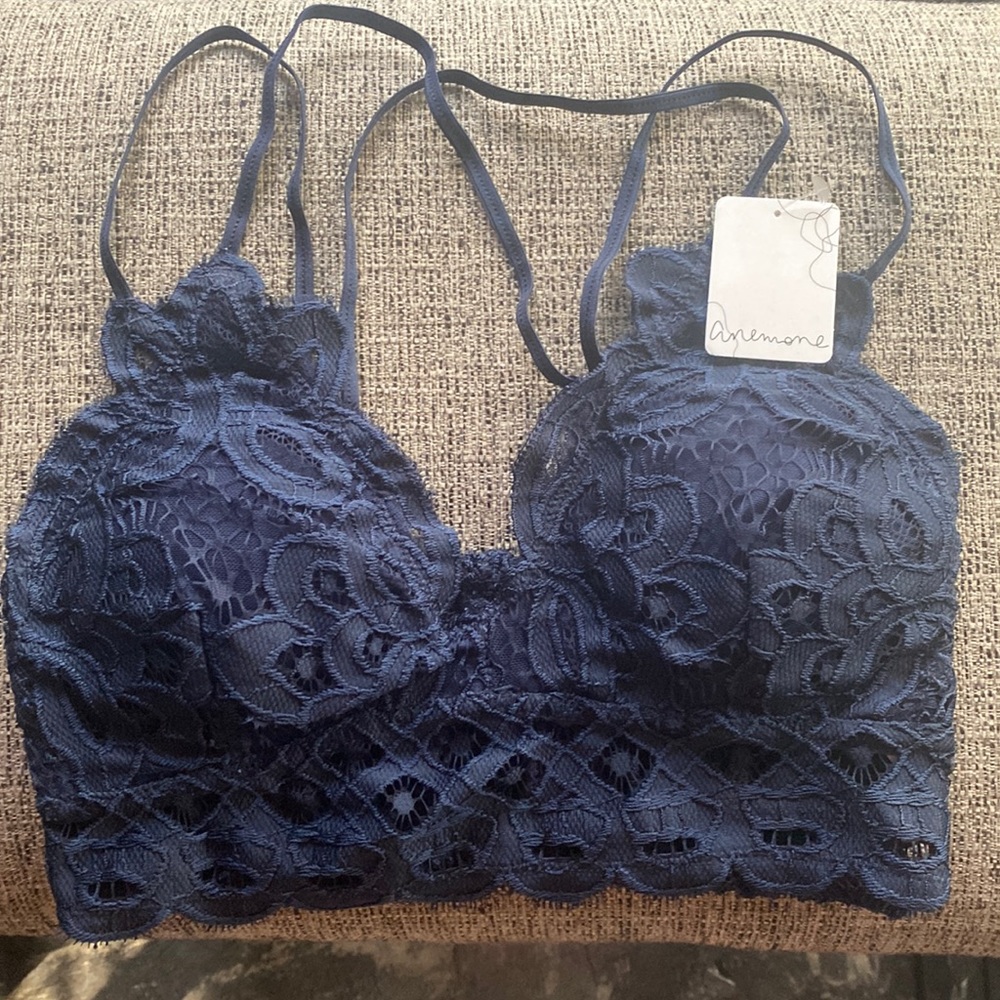 Navy blue lace bralette - adjustable spaghetti straps and removable cups